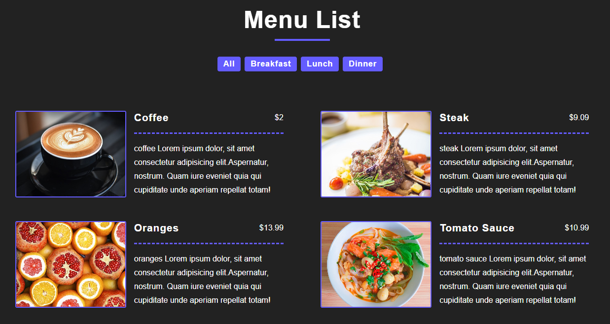menu list homepage